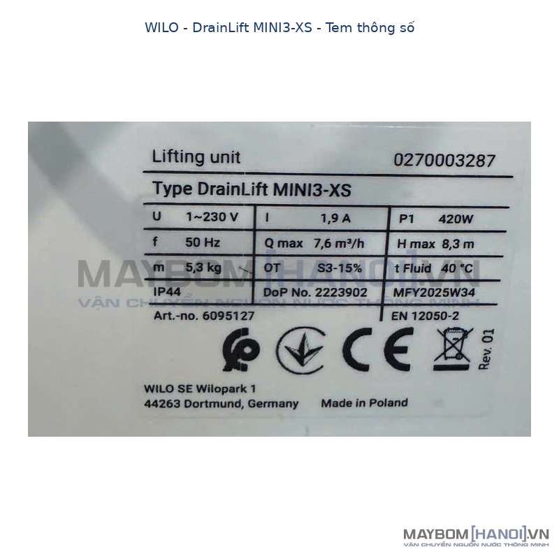 Máy bơm nước thải Wilo DrainLift Mini3-XS/EF (420w) cho bồn rửa bát 4