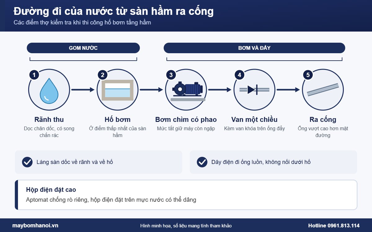 Đường đi của nước từ sàn hầm qua hố bơm ra cống