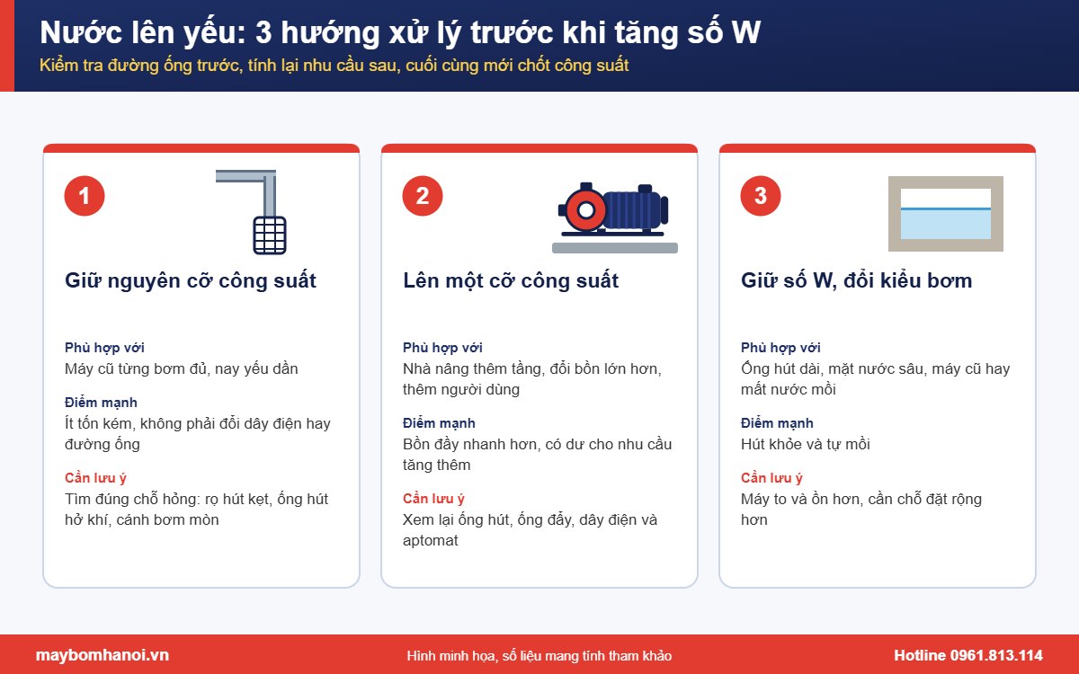 So sánh 3 hướng xử lý khi máy bơm nước lên yếu trước khi tăng số W So sánh 3 hướng xử lý khi máy bơm nước lên yếu trước khi tăng số W