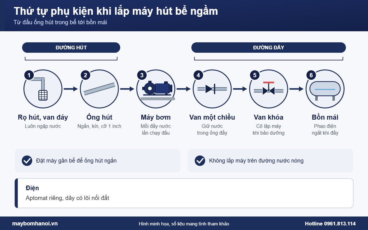 Thứ tự phụ kiện khi lắp máy bơm hút bể ngầm lên bồn mái