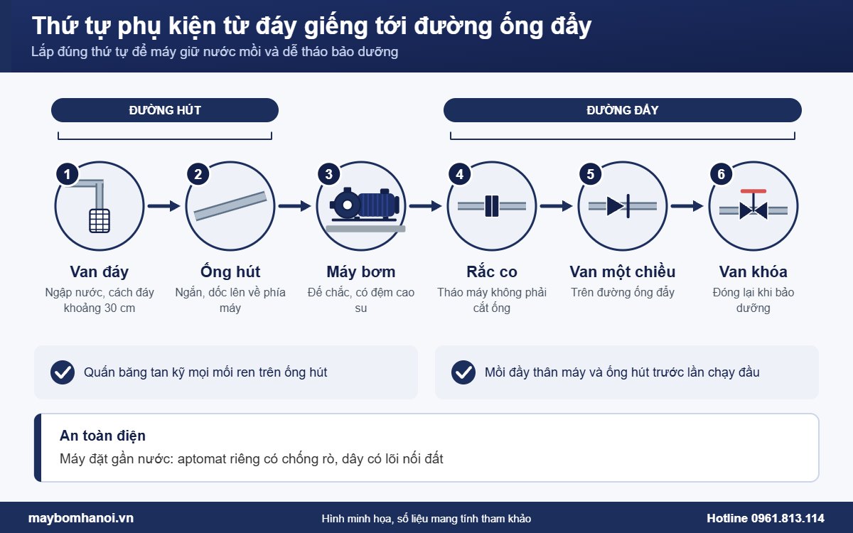 Thứ tự van đáy, ống hút, máy, rắc co, van một chiều, van khóa Thứ tự van đáy, ống hút, máy, rắc co, van một chiều, van khóa