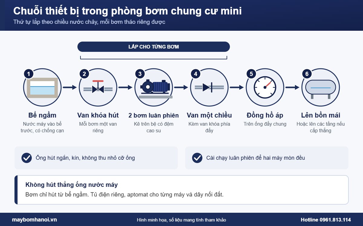 Chuỗi thiết bị trong phòng bơm hệ thống cấp nước chung cư mini Chuỗi thiết bị trong phòng bơm hệ thống cấp nước chung cư mini