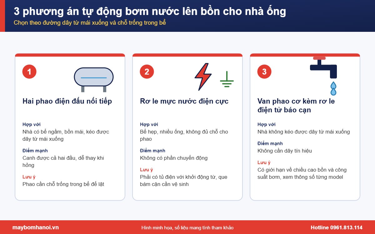 3 phương án tự động bơm nước lên bồn cho nhà ống