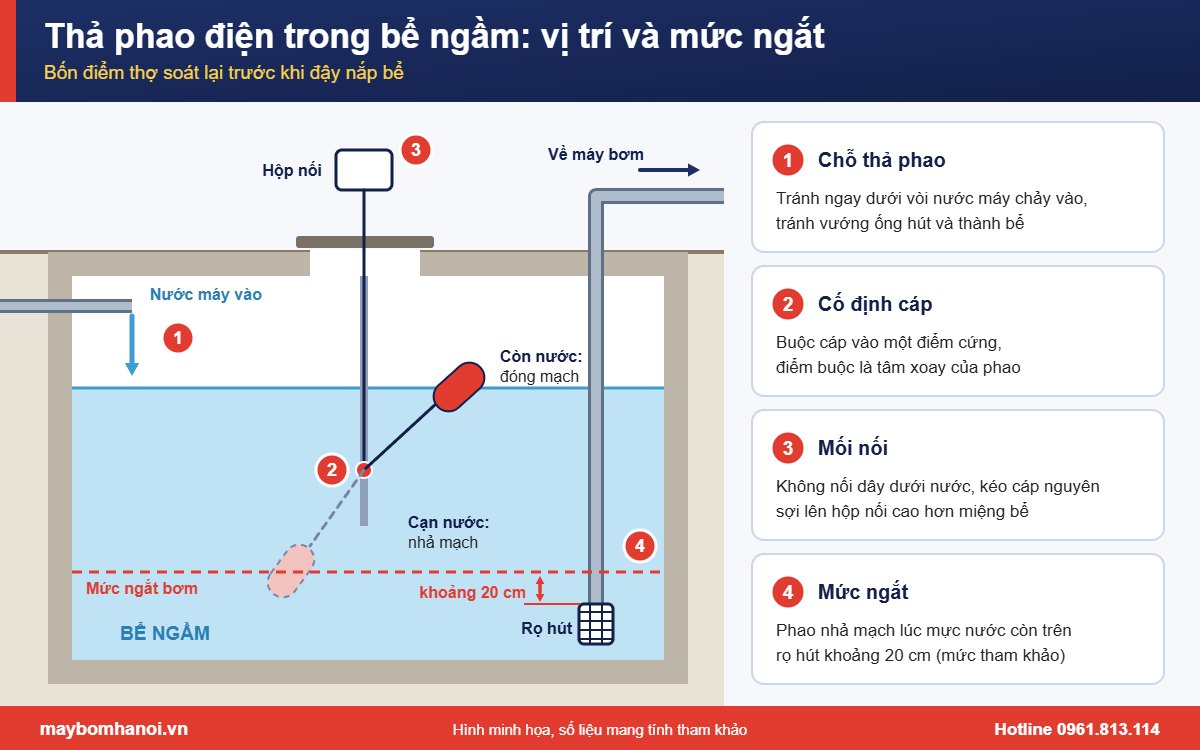 Vị trí thả phao điện trong bể ngầm và mức ngắt bơm so với rọ hút